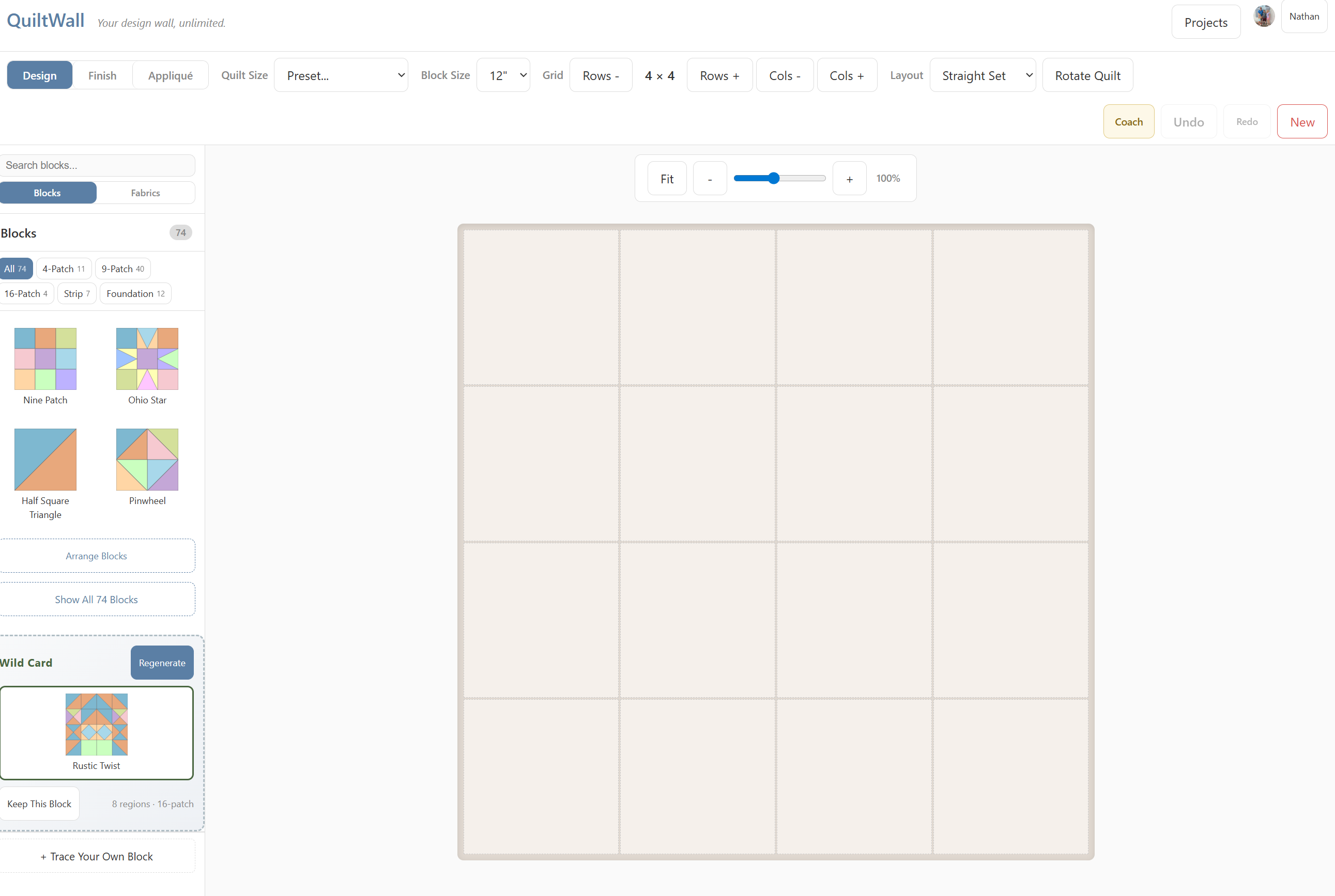 QuiltWall app showing a quilt design with fabric swatches