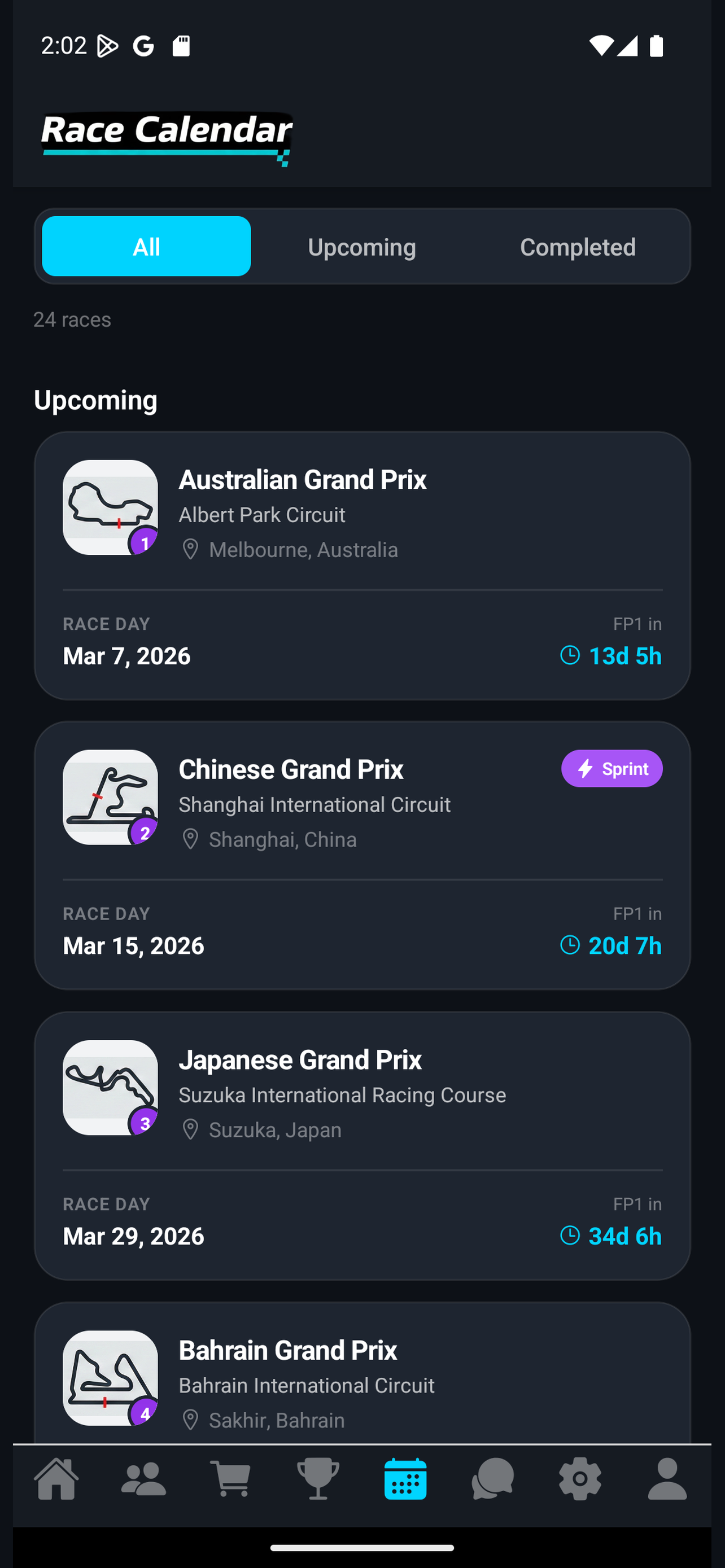Race calendar with countdowns
