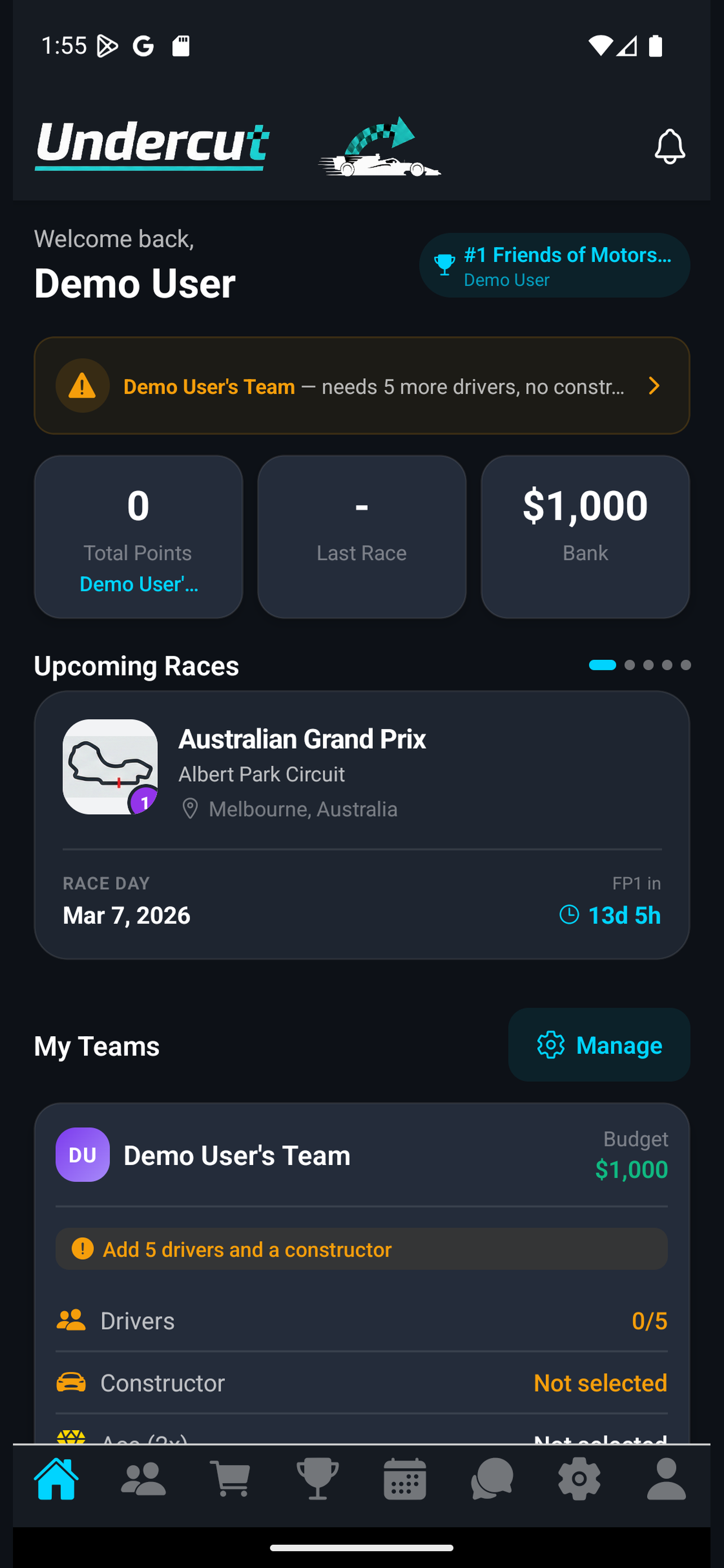 Home screen showing upcoming races and team overview