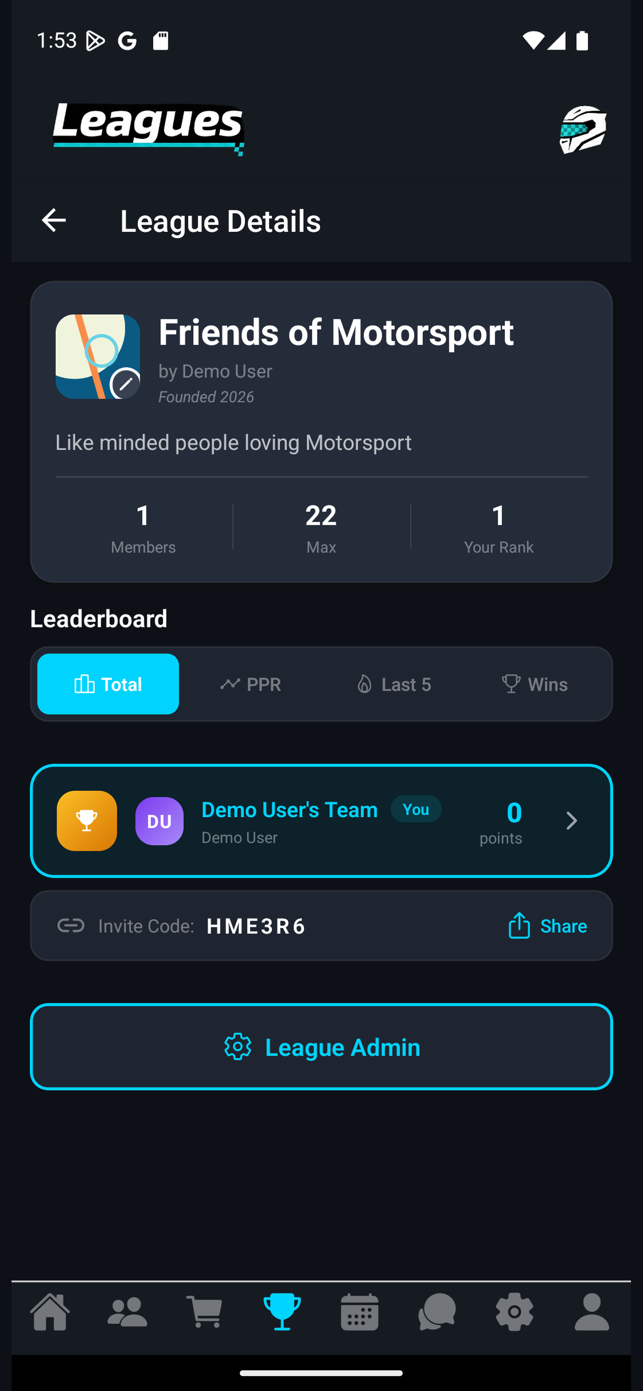 League details with leaderboard