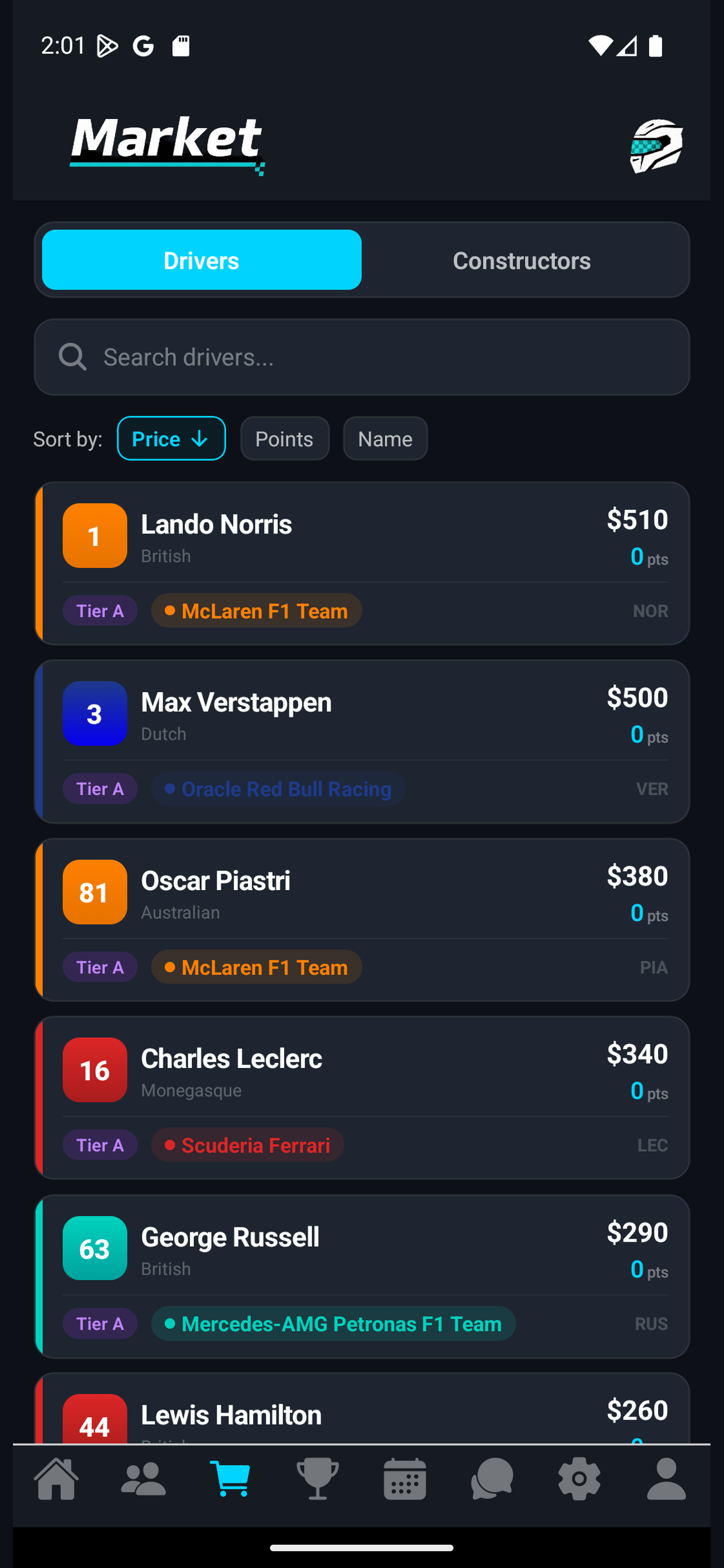 Driver market with prices and tiers