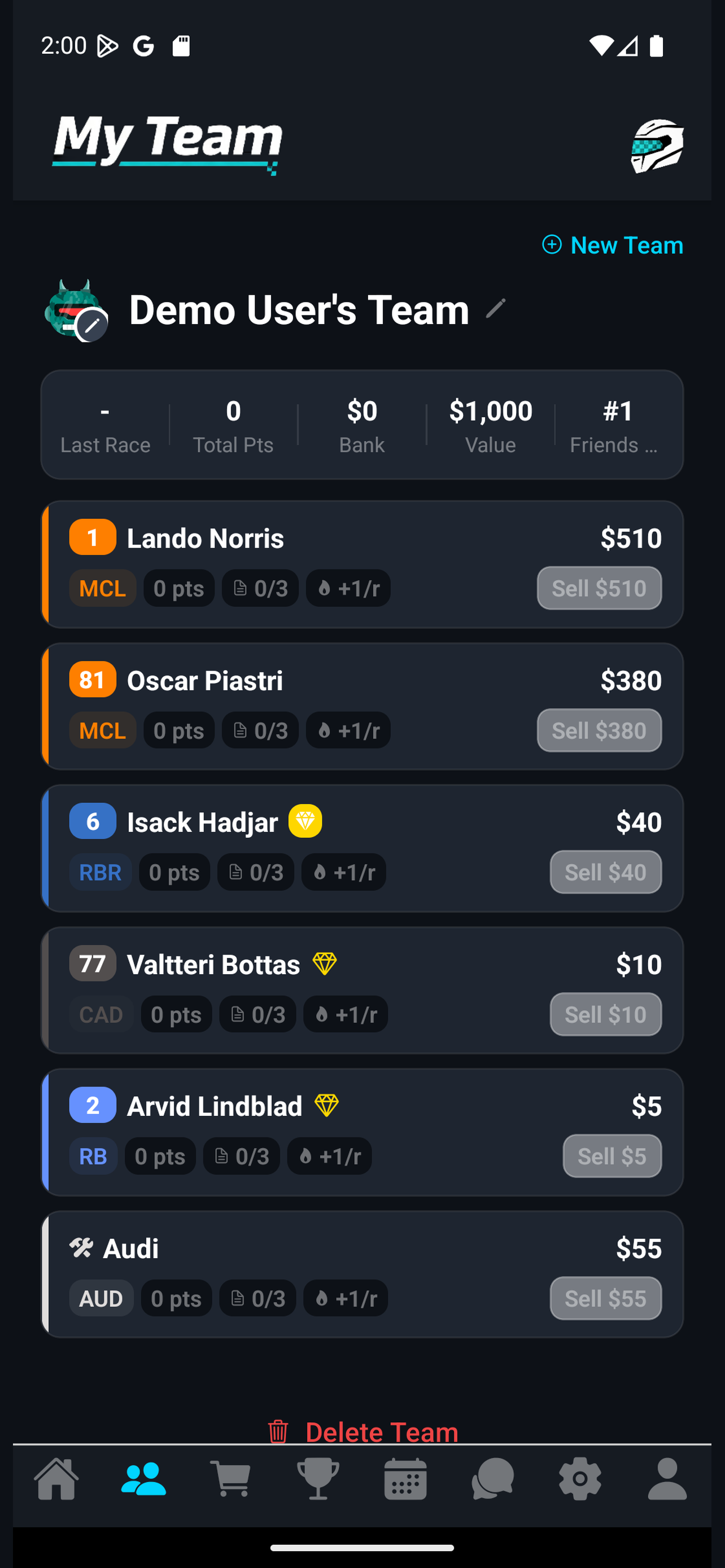 My Team screen with driver lineup and budget